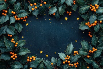 Wall Mural - Festive Christmas background with holly leaves, gold stars, and red berries