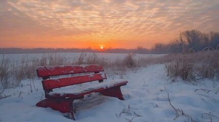 Wall Mural - A red bench sits in the snow, with a beautiful sunset in the background