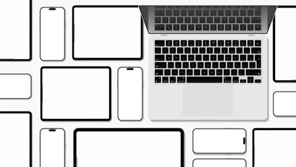 Top View Mockup of Smartphone, Laptop, and Tablet: Modern Communication Devices on White Background for Infographics and Presentations. Vector.