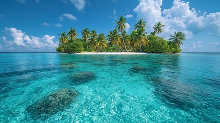 Wall Mural - lush tropical island surrounded by crystal clear turquoise waters and swaying palm trees under brigh