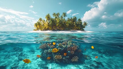 Wall Mural - tropical island surrounded by crystal clear turquoise waters and vibrant coral reef