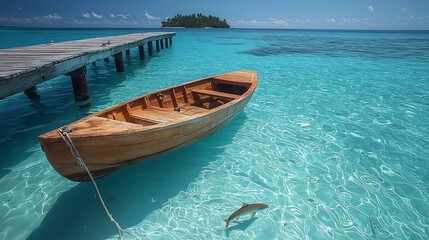 Wall Mural - wooden pier stretching over crystal clear waters from tropical island with small boat and swimming f