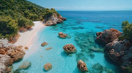 Wall Mural - secluded tropical island cove with crystal clear waters and colorful coral reefs