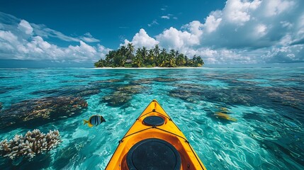Wall Mural - kayak gliding through crystal clear waters toward tropical island with vibrant coral and fish