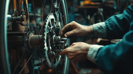 Poster - Close-up of a Mechanic Working on a Bicycle Wheel