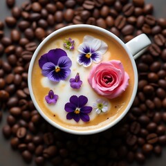 Wall Mural - cup of coffee with beans and flowers