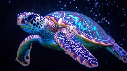 Wall Mural - Glowing Neon Sea Turtle Swimming in Ethereal Underwater Realm