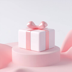 Poster - pink gift box with bow on pastel platform, minimal design