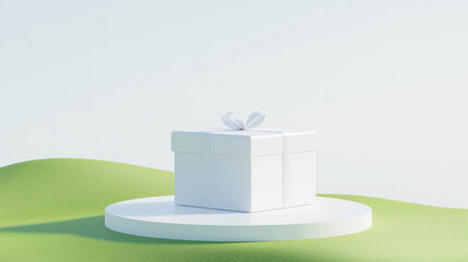 Leinwandbilder - White gift box on round platform with soft green hills