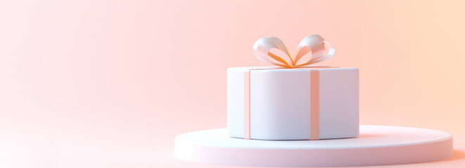 Leinwandbilder - White gift box with ribbon pastel platform, soft gradient light