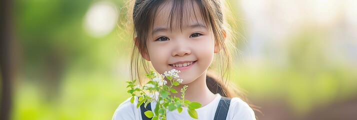 Wall Mural - A young girl is holding a flower and smiling. Concept of innocence and joy, as the child is surrounded by nature and he is enjoying the moment