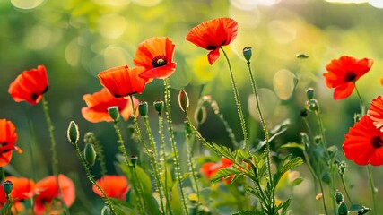 Wall Mural - A beautiful scene of bright red poppies blooming in a field with green foliage and soft sunlight, evoking feelings of serenity and nature.