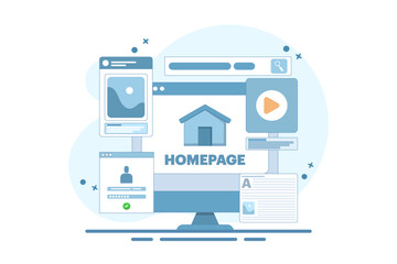 Homepage concept, web page design on laptop. working on website homepage development, optimization and setup. Modern flat cartoon style. Vector illustration on background.
