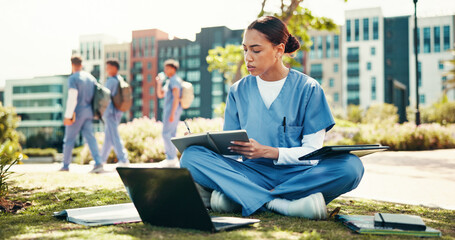Poster - Woman, nurse or student writing with book for internship, studying or research at med school. Female person, healthcare candidate or intern taking notes with laptop for medical exam or test at campus
