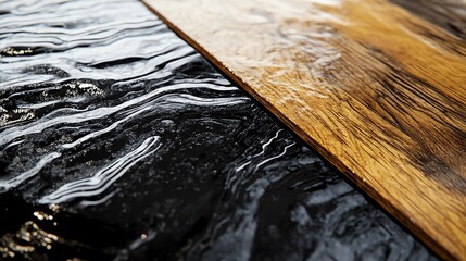 Wall Mural - Close up of a wooden surface with a black epoxy river.