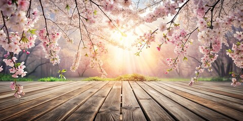 Wall Mural - Serene spring blossoms arching over a weathered wooden deck bathed in warm sunlight