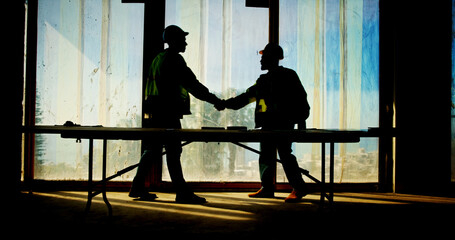 Poster - Architecture, handshake and silhouette of people on construction site for building, teamwork or deal. Hiring, real estate and property developer with contractor, engineer and renovation agreement