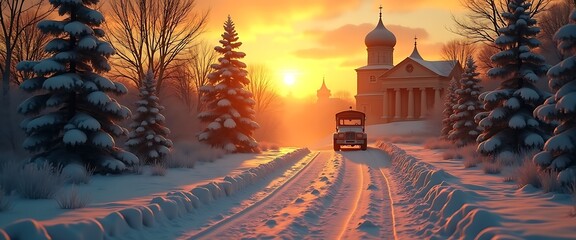 Wall Mural - Beautiful winter landscape with sunset