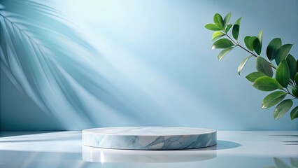 Sticker - Serene Blue Background with Marble Display Platform and Greenery