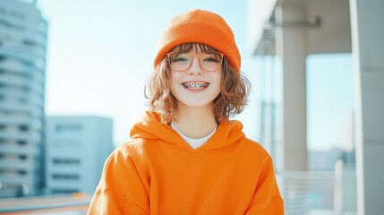 Wall Mural - A young adult showing off their braces in a trendy, urban setting.