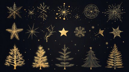 Elegant Gold Winter Holiday Design Elements Collection: Festive Snowflakes, Stars, Trees, and Fireworks