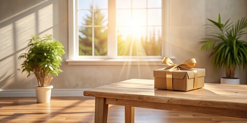 Wall Mural - A sunlit room with a wooden table, a gift with a golden bow, and potted plants