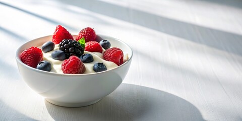 Wall Mural - A refreshing bowl of creamy yogurt topped with sweet raspberries, blueberries, and blackberries, bathed in sunlight