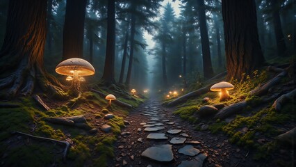 Wall Mural - A magical forest with glowing mushrooms