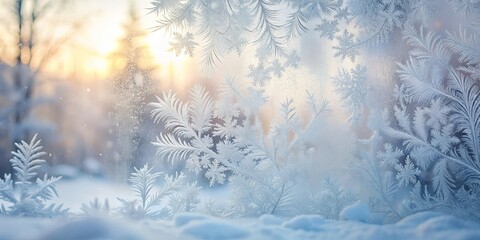 Wall Mural - Winter's Breath Intricate Frost Patterns Adorn a Window Pane, Revealing a Sunlit Snowy Landscape Beyond