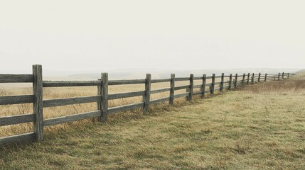 Wall Mural - Wooden Fence Extending Across a Grassy Field