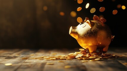 Golden coins pouring from a cracked piggy bank onto a wooden table, symbolizing financial struggles and savings loss 