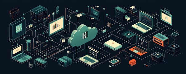 Wall Mural - Isometric cloud illustration featuring connected technology and data networks