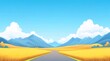 © NipaArts - Serene countryside road through golden fields, leading to distant blue mountains under a clear sky.