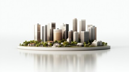 Poster - A Detailed Miniature Cityscape Featuring Modern Skyscrapers, Green Spaces, and Residential Homes on a Reflective Surface Against a Soft White Background