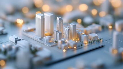 Poster - Detailed Architectural 3D Model of Urban Landscape with Glowing Lights, Depicting Skyscrapers and City Buildings in a Modern Aesthetic Suitable for Real Estate and Development Projects