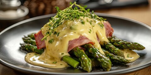 Sticker - Delicious_dish_featuring_asparagus_ham_and_a_rich_Holland_sauce_highlighting_the_perfect_combination_of_flavors_with_asparagus_ham_and_sauce_Holland_creating_a_delightful_culinary_experience