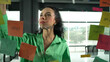 © Summit Art Creations - Portrait of smart professional hispanic businesswoman writes marketing ideas on glass board with colorful sticky notes. Young manager drawing mind map to analysis business plan. Closeup. Manipulator.