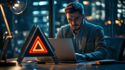 businessman or it staff , programmer, developer using computer laptop with triangle caution warning 