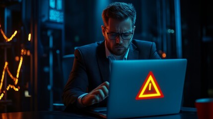 businessman or it staff , programmer, developer using computer laptop with triangle caution warning 