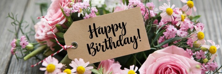  Happy Birthday - Birthday Card with Bouquet of Flowers Generative AI