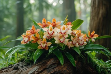 Canvas Print - Vibrant Orchid Array in a Rainforest Corner Surrounded by Lush Greenery and Soft Natural Light