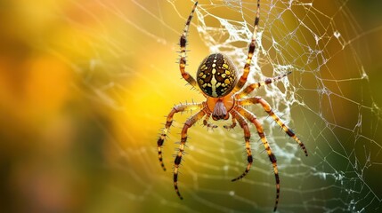 Colorful spider on intricate web, blurred background.