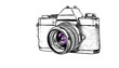 © Go - A drawing of an old black camera on white background, isolated, Dreamy