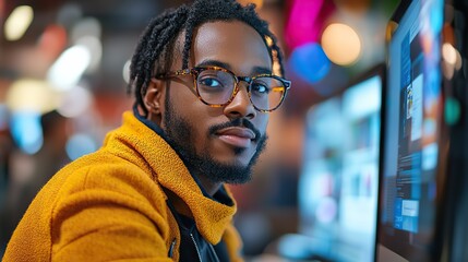 A black man works on a computer at the office, representing a career in graphic design, web development, or digital programming for a company