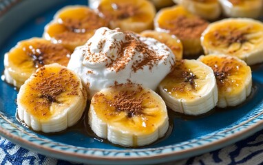 Wall Mural - Sliced bananas topped with whipped cream and a sprinkle of cocoa on a decorative plate.