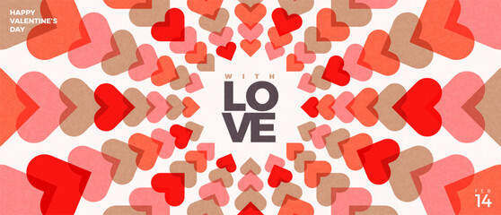 Poster - Modern concept of Happy Valentines Day greeting card. Abstract art design with hearts and typography. Template for invitation, cover, banner, poster, celebration, flyer. Vector illustration.