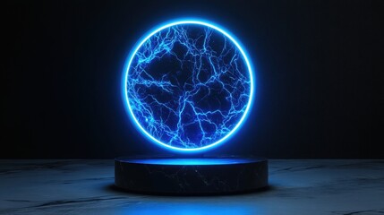 Wall Mural - neon blue energy sphere with electric lightning effects display