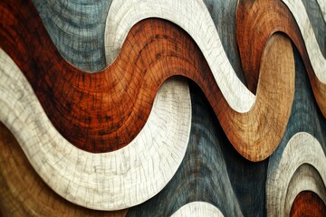 Wall Mural - Curved wood panels, varied tones, wave pattern.