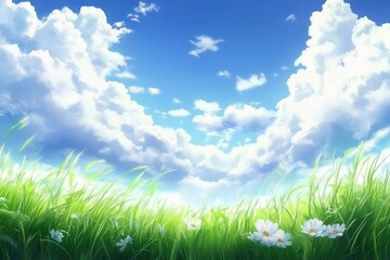 Wall Mural - Grass, Sky and Cloud. Wallpaper. Fantasy Backdrop. Concept Art. Realistic Illustration. Video Game Digital CG Artwork Background. Nature Scenery.