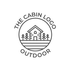 Canvas Print - Wooden cabin and pine forest logo design isolated white background